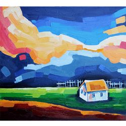 Evening Landscape Painting Old House Original Art Vermont Wall Art Impasto Artwork Oil Canvas 14 by 16 inch