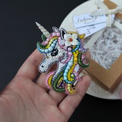 Beaded Unicorn Brooch Handmade. Embroidered Animal Brooch. Embroidery Unicorn Jewelry