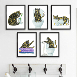 Bathroom Tortoiseshel Cat Print set of 5 Cat Art, Cat Decor, Watercolor Painting, Bathroom Art, Cat Lover Gift