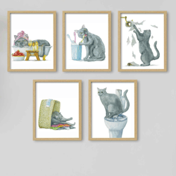 Bathroom Gray British Cat Print set of 5 Cat Art, Cat Decor, Watercolor Painting, Bathroom Art, Cat Lover Gift