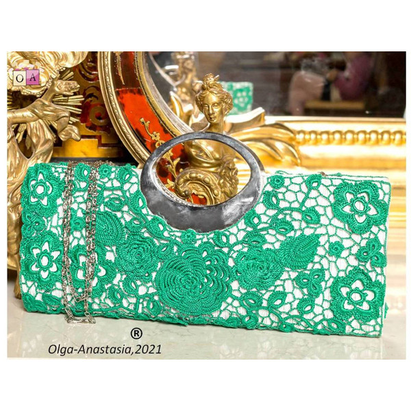 Irish Crochet Lace – Emerald Green Evening Wedding Clutch Bag for Women Floral Print PDF (4).jpg