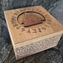 Jewelry box with Valknut. Wooden box with hidden lock. Viking jewelry storage