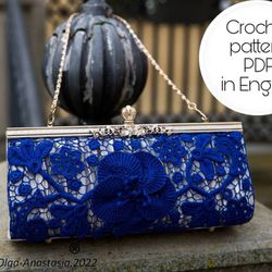 Handbag  blue Irish lace crochet pattern ,flower crochet pattern , crochet motif , crochet flower pattern , bag crochet