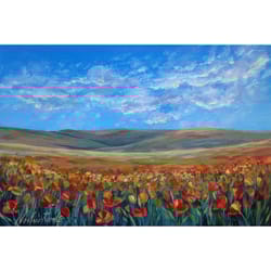 landscape. the tuscan poppy landscape. small landscape. poppies painting. flowers painting.