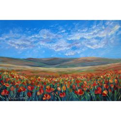 Landscape. The Tuscan poppy landscape. Small landscape. Poppies painting. Flowers painting.