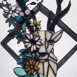 Deer suncatcher, Flowers stained glass window hangings, Garden decor