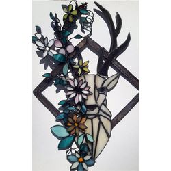 Deer suncatcher, Flowers stained glass window hangings, Garden decor