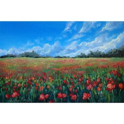 Landscape. The Tuscan poppy landscape. Small landscape. Poppies painting. Flowers painting.