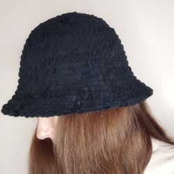 Plush bucket hat hand knit Fluffy bucket hat for women Black bucket hat crochet