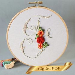 Floral alphabet letter F pdf hand embroidery beginner Flower monogram ribbon embroidery