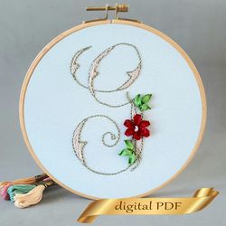 Floral alphabet letter G pdf hand embroidery beginner Flower monogram ribbon embroidery
