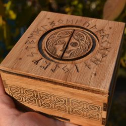 Wooden Box with secret lock. Nordic secret box with Goddess Hel. Viking Jewelry storage