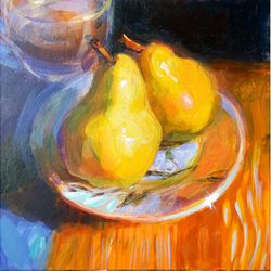 pear painting still life original art fruit artwork food wall art acrylic painting small 8 by 8 inches