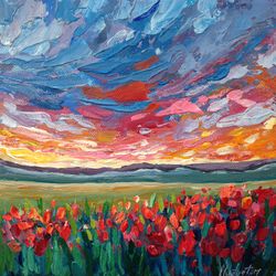 Landscape. The blooming tulips painting. Sunset painting. California landscape.