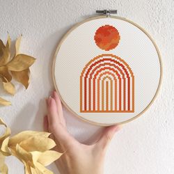 rainbow cross stitch pattern modern cross stitch pdf for beginners mid century modern boho cross stitch orange sun