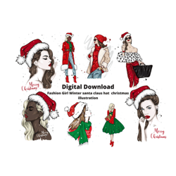 Fashion Christmas girl clipart,winter fashion girl,Fashion Girl Winter Winter santa claus christmas illustration clipart