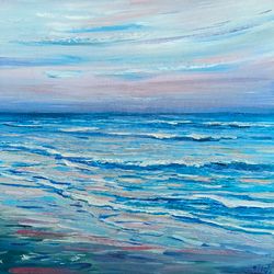 Seaside Oil Painting Seascape Original Art Ocean Wall Art Wave Canvas 16x16 inches