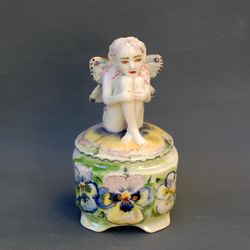 flower Fairy figurine Porcelain jewelry box Nude girl figurine Ceramic casket with lid Fairy butterfly sculpture Pansies