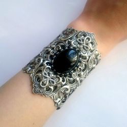 Handmade Unique Silver Vintage Fantasy Victorian Obsidian Bracelet