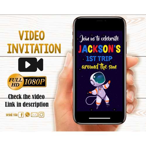 Blast off animated invitation Astronaut video invitation Outer space birthday invitation  Boy First trip around the sun