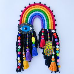 Woven wall hanging, Modern macrame rainbow, Evil eye and hamsa hand, Housewarming gift, Colorful boho home decor