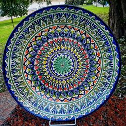 Handmade is a large plate diameter: 16.33 inches for a festive table Handmade bowl with color pattern