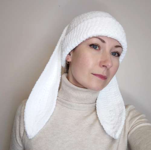 White bunny beanie crochet Fluffy bunny beanie hand knit Bunny hat with ears for teens