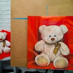 Bear painting, Original painting, Oil painting, Teddy bear art, Red painting