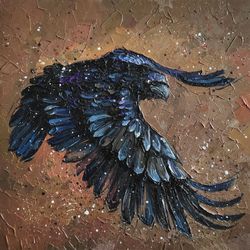 Raven Painting Bird Original Art Impasto Oil Painting Flight Crow Artwork Abstract Black Bird Wall Art by AlyonArt
