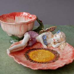 Fairy tea cup and saucer set Pink flower Sleeping fairy Porcelain figurine eautiful figurine of a fabulous girl