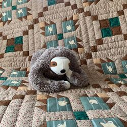 OOAK gender neutral sloth baby quilt, Unisex handmade baby blanket, Forest colors baby plaid, Unique baby shower gift