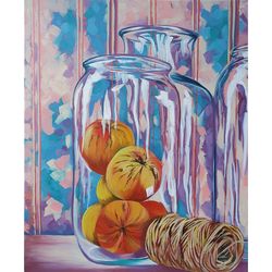 Apple Painting Jar Original Art Still Life Wall Art Fruit Artwork Oil Painting Canvas Art