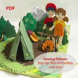 PDF Pattern Camping Board Play set 3D - Sewing Tutorial felt Quiet book and dolls