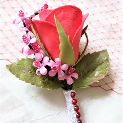 Boutonniere, Red rose boutonniere, Wedding boutonniere, Artificial rose boutonniere, Fiance boutonniere, Red boutonniere