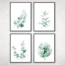 Watercolor green plants, Green Leaves Print Set of 4, Watercolor Leaves Print, Printable Wall Art, Botanical Plants