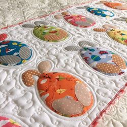 Quilted Easter eggs-bunnies table runner, Easter table topper, Funny bunnies bed topper, Spring tablecloth quilted