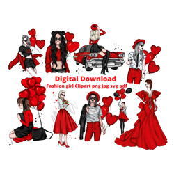 Clipart fashion girl,women clipart,chic glam clipart,woman in red,Girl with balloons,Fashion illustration,Love PNG