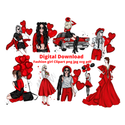 clipart fashion girl,women clipart,chic glam clipart,woman in red,girl with balloons,fashion illustration,love png