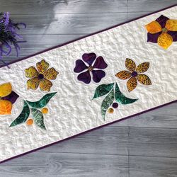 Quilted purple-yellow flowers table runner, Bed topper, Flowers quilted items, Handmade quilt, Four seasons table topper