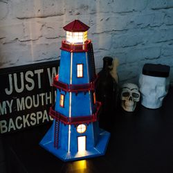 Personalized lighthouse night lamp made of wood. Night light sconce floor lamp marine style, wooden lighthouse with lamp