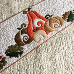 Quilted Thanksgiving table runner, Pumpkins bed topper, Fall leaves white quilt, Long table topper, Fall bed runner