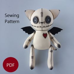9" Cat bat & bunny doll sewing pattern PDF Voodoo Creepy cute stuffed animal tutorial Halloween decor Goth rag doll