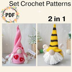 Set 2 in 1 Gnome Crochet Patterns, gnome party decoration, cone gnome, doll and gnome, easy to make spring gnome