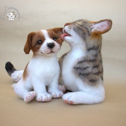 needle felted toy  cat and dog, realistic toy, felted animal,puppy