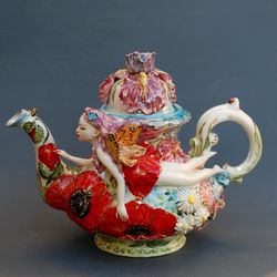 beautiful teapot flower fairy figurine irises poppies flowers handmade ceramic  ceramic teapot elf fairy butterfly