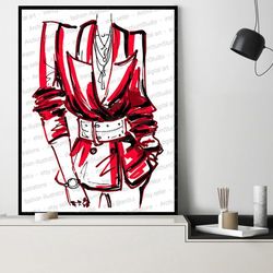 Red jacket poster, Business woman art, fashion sketch