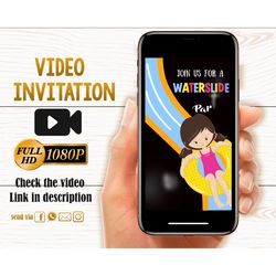 Girl waterslide animated invitation Pool party video invitation Waterslide birthday invitation Summer pool party invite