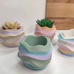 Little rainbow succulent and cactus pot with drainage | Small planter | Cement planter | Cache pot with saucer