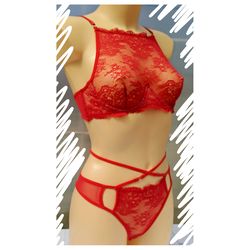 RED sexy lingerie set Halter bra, panties. stretch lace boudoir lingerie soft cup, erotic underwear for romantic evening