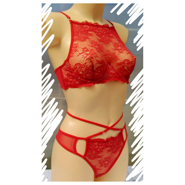 RED sexy lingerie set Halter bra, panties. stretch lace boud